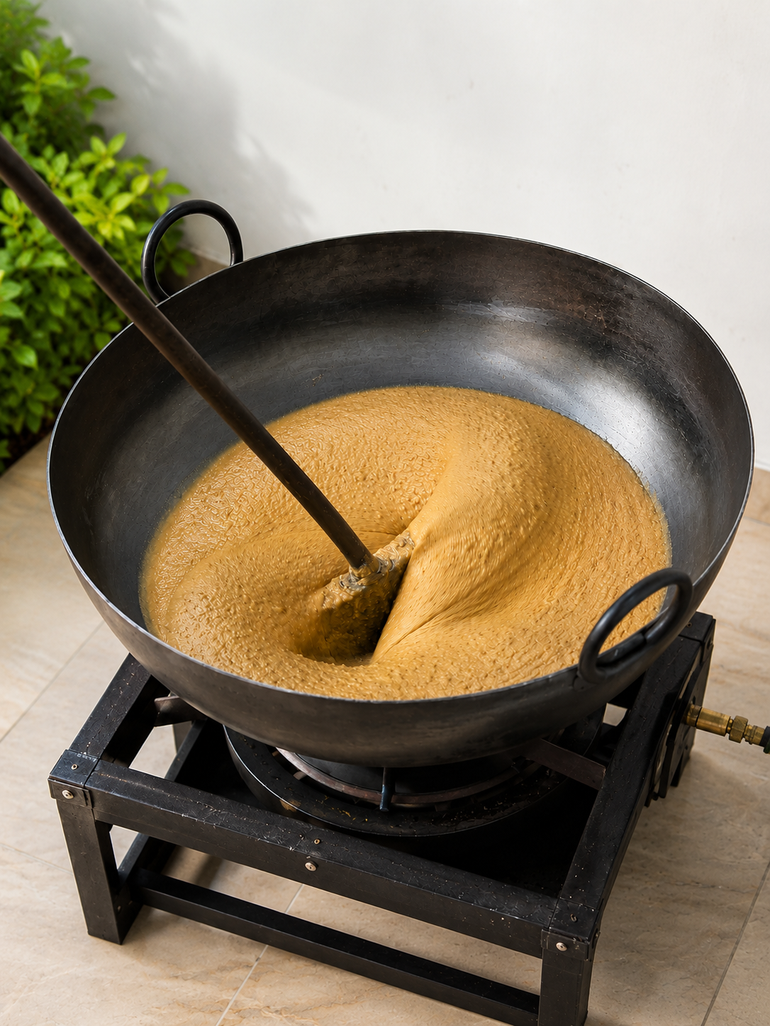 Traditional preparation of barfi in a karahi over slow heat